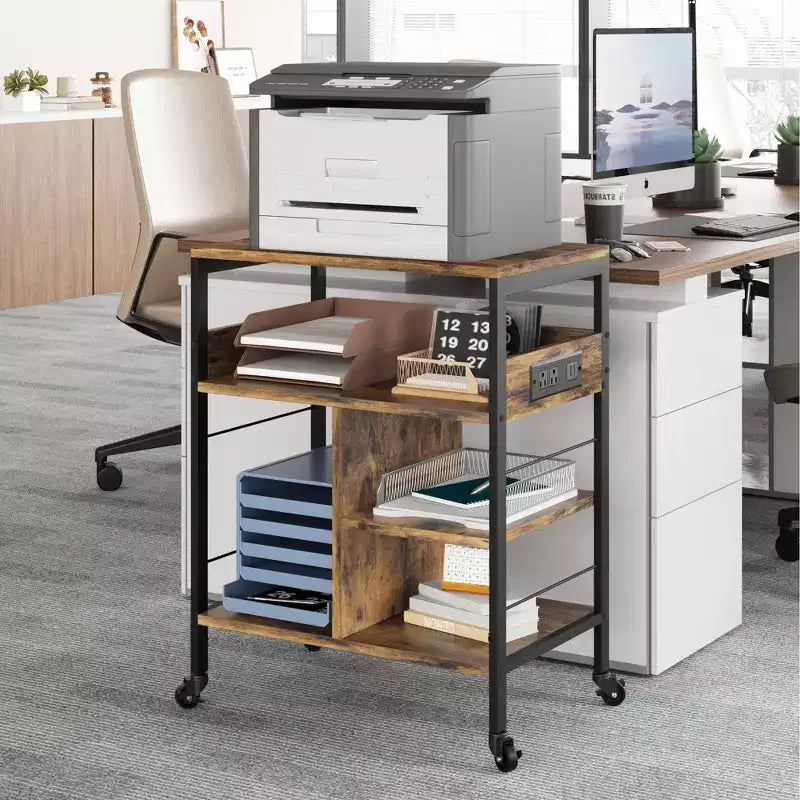 Soporte de impresora rodante de 3 niveles con estantes de almacenamiento – Negro / Gris / Color retro, para 1 persona