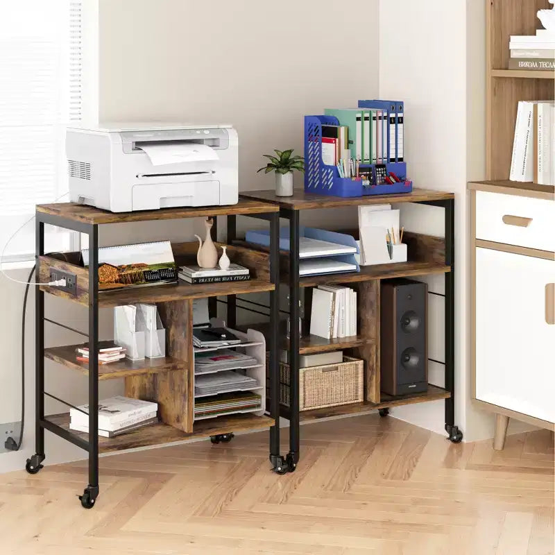 Soporte de impresora rodante de 3 niveles con estantes de almacenamiento – Negro / Gris / Color retro, para 1 persona