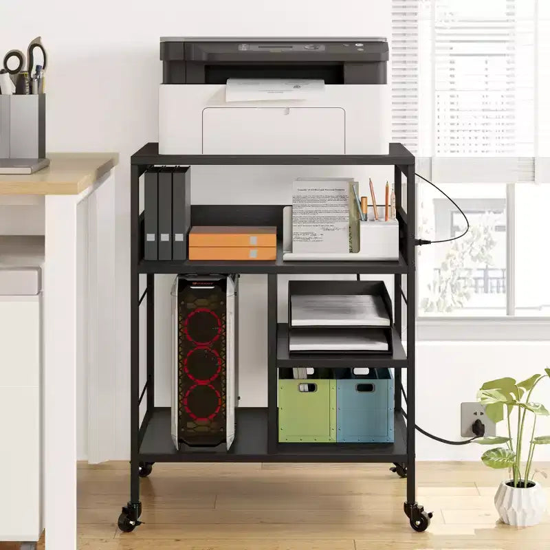 Soporte de impresora rodante de 3 niveles con estantes de almacenamiento – Negro / Gris / Color retro, para 1 persona