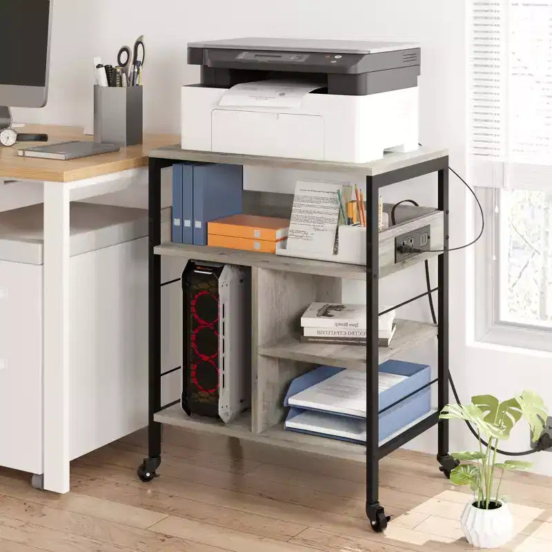 Soporte de impresora rodante de 3 niveles con estantes de almacenamiento – Negro / Gris / Color retro, para 1 persona