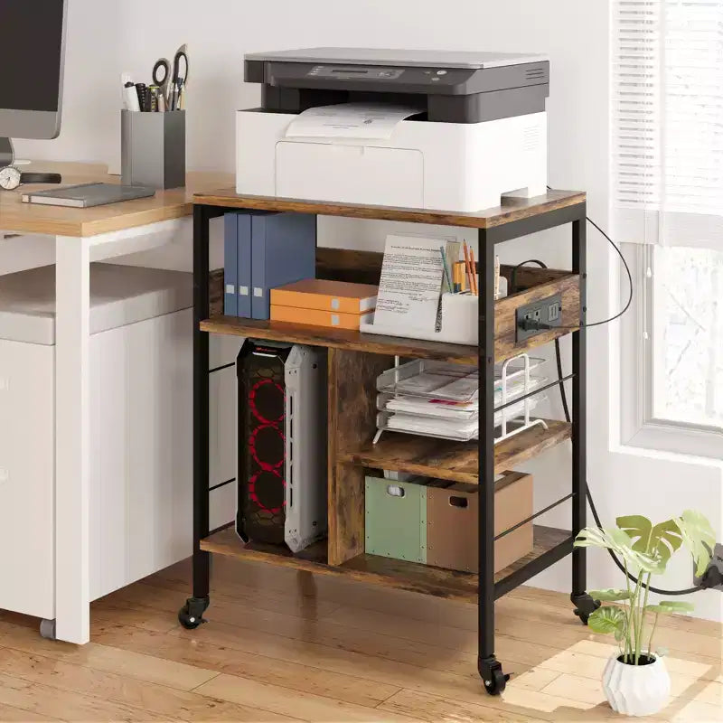 Soporte de impresora rodante de 3 niveles con estantes de almacenamiento – Negro / Gris / Color retro, para 1 persona