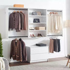 Sistema de clóset modular con doble barra para colgar y 4 estantes, montado en la pared, roble/blanco