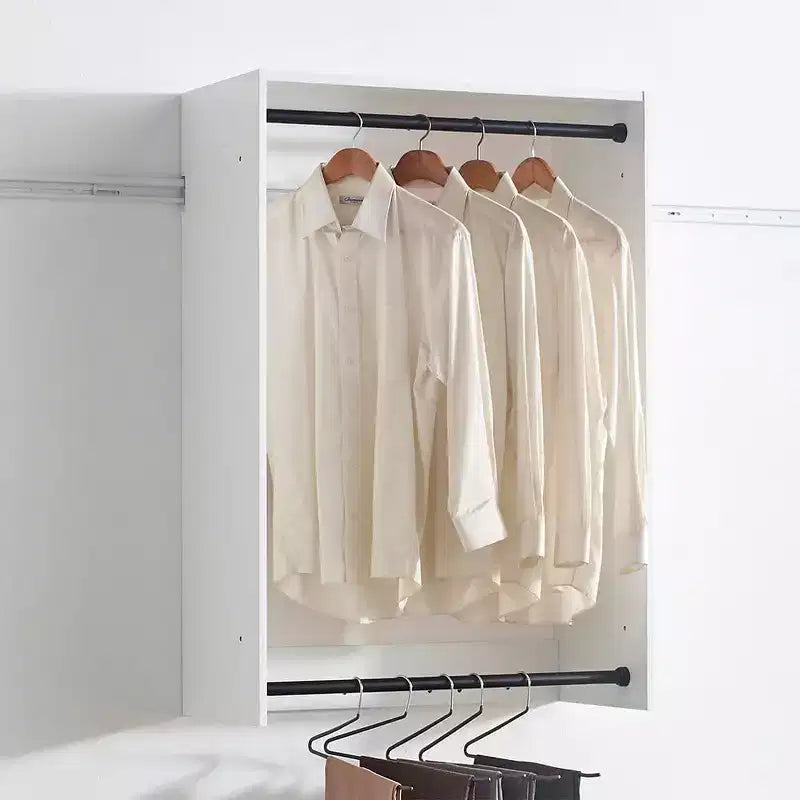 Sistema de clóset modular con doble barra para colgar y 4 estantes, montado en la pared, roble/blanco