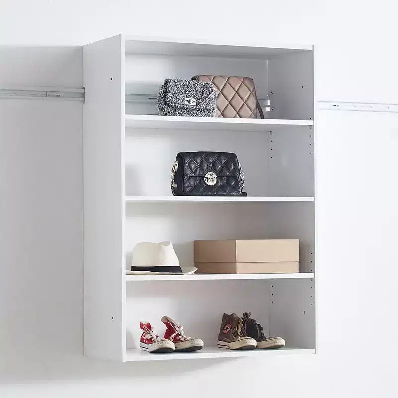 Sistema de clóset modular con doble barra para colgar y 4 estantes, montado en la pared, roble/blanco