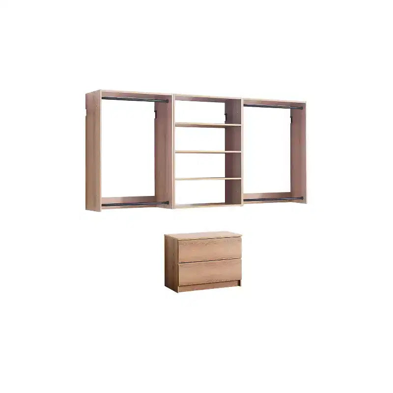 Sistema de clóset modular con doble barra para colgar y 4 estantes, montado en la pared, roble/blanco