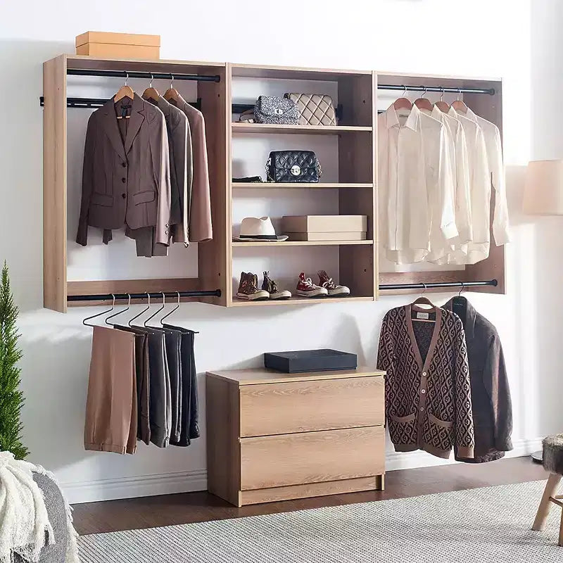 Sistema de clóset modular con doble barra para colgar y 4 estantes, montado en la pared, roble/blanco