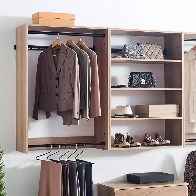 Sistema de clóset modular con doble barra para colgar y 4 estantes, montado en la pared, roble/blanco