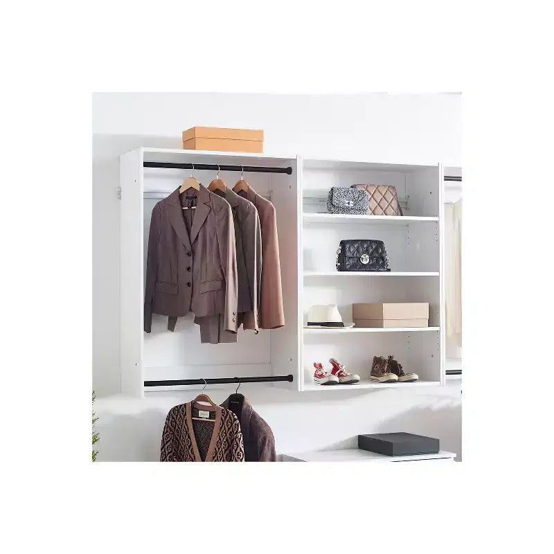 Sistema de clóset modular con doble barra para colgar y 4 estantes, montado en la pared, roble/blanco