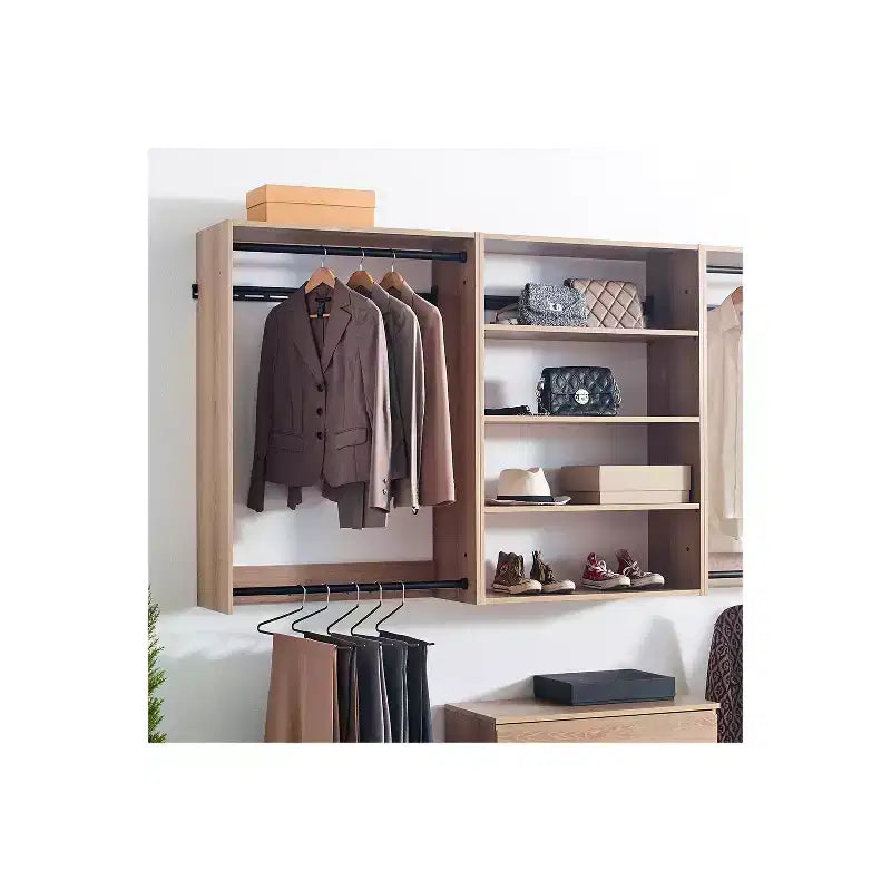 HomeStock Devi Series 31.594.5in. W Modular Closet System Wall Mount Double Hanging Rods 4-Shelf Wood Closet System
