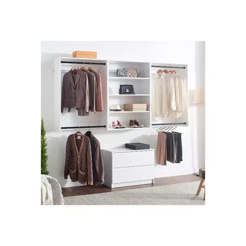 Sistema de clóset modular con doble barra para colgar y 4 estantes, montado en la pared, roble/blanco