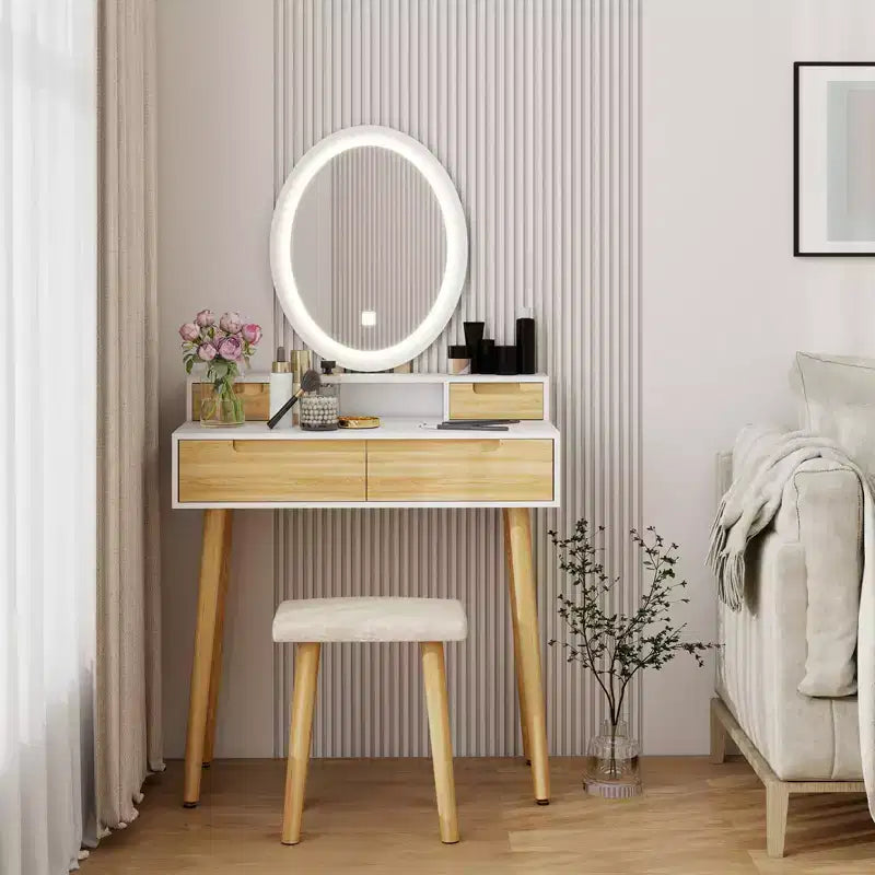 Natural Wood Makeup Vanity Desk Set with Adjustable Height & LED Mirror - 3-Tone Lighting