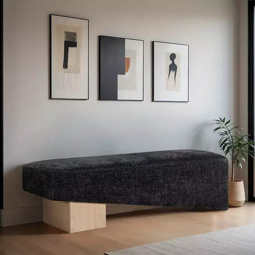 Banco tapizado en tela negra/coñac/crema – Patas de madera natural, capacidad para 2 personas