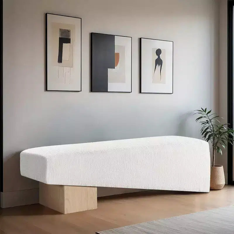 Banco tapizado en tela negra/coñac/crema – Patas de madera natural, capacidad para 2 personas