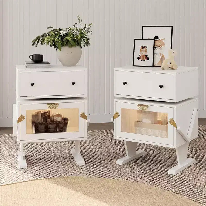 RoyalCraft Nightstand with LED Light Strips, End Table Set with Rotating Drawer and Glass Door Storage for Bedroom or Home Office, Set of 2, White