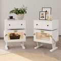 RoyalCraft Nightstand with LED Light Strips, End Table Set with Rotating Drawer and Glass Door Storage for Bedroom or Home Office, Set of 2, White