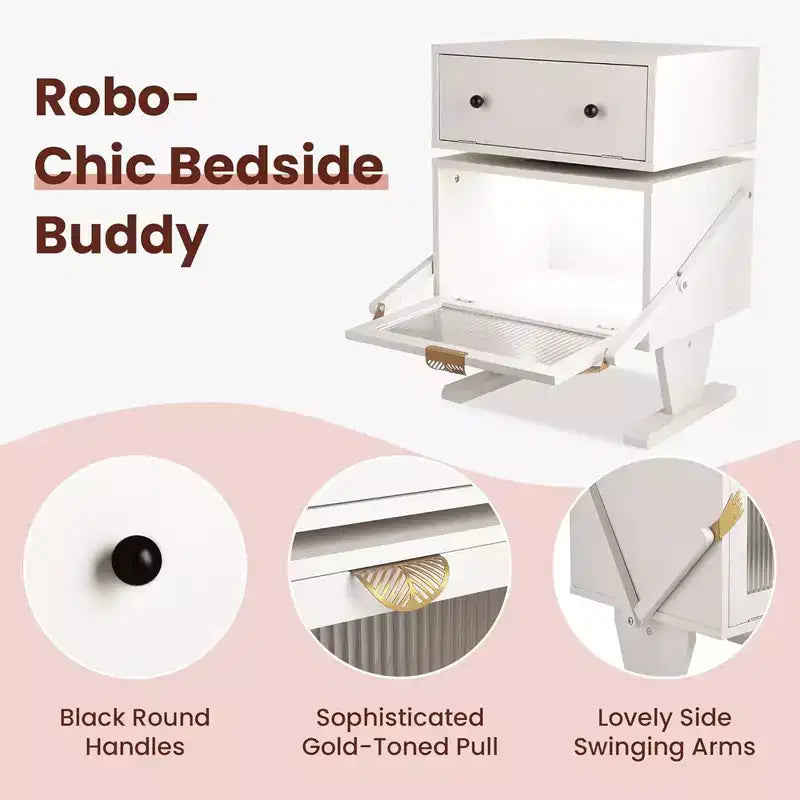 Juego de 2 mesitas de noche blancas estilo robot con luz LED y cajón giratorio