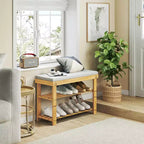 MAYEERTY 3 Tier Shoe Racks Bamboo Shoe Bench Entryway with Cushion and Adjustable Shelves for Hallway Mudroom living Room Khaki