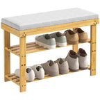 Banco de almacenamiento de zapatos de bambú natural de 3 niveles con cojín, estantes ajustables – Caqui, 6 pares