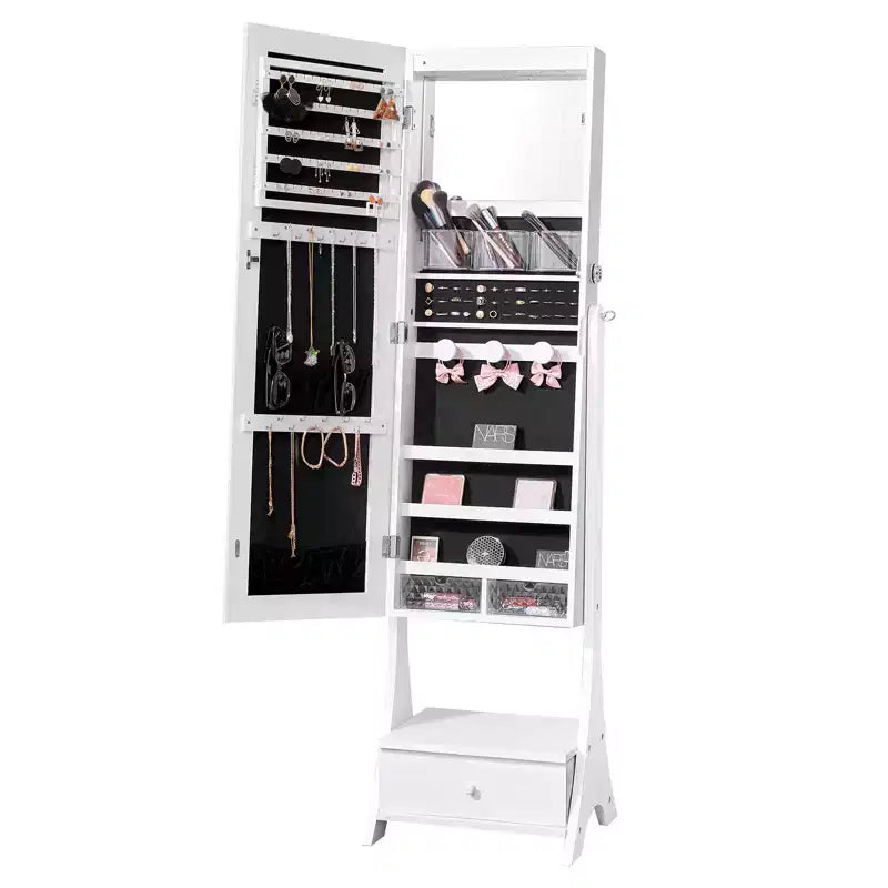 VEVOR Mirror Jewelry Cabinet, Standing Mirror with Storage, Lockable Jewelry Mirror Organizer with Full Length Mirror, Velvet Lining, White