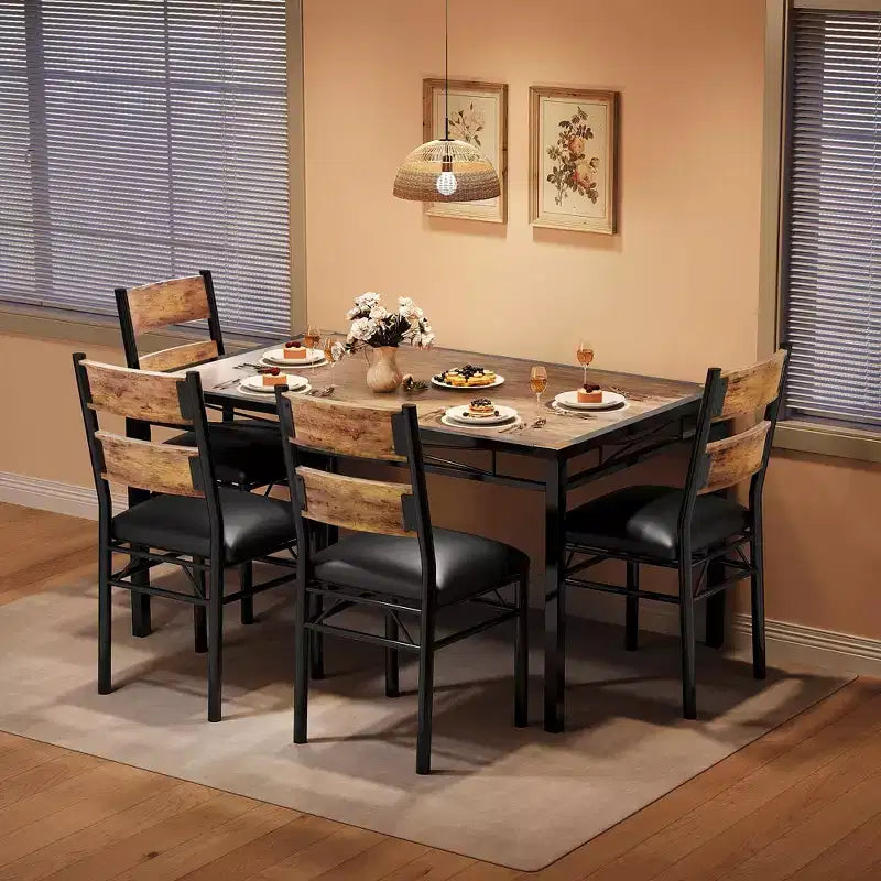 Juego de comedor retro gris/marrón con mesa de madera y sillas tapizadas – Juego para 2 o 4