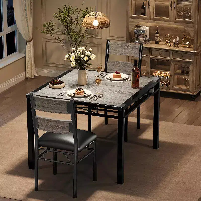 Juego de comedor retro gris/marrón con mesa de madera y sillas tapizadas – Juego para 2 o 4