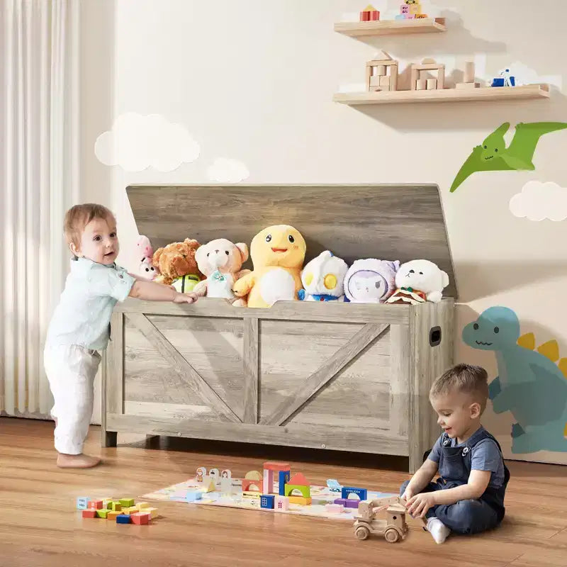 VEVOR Baúl de Juguetes de Madera para Niños, Caja de Almacenamiento de Juguetes para Niños Pequeños con Tapa Abatible y Bisagra de Seguridad, Banco Grande de Almacenamiento para Niños de 38.98 x 15.55 x 18.9, Gris