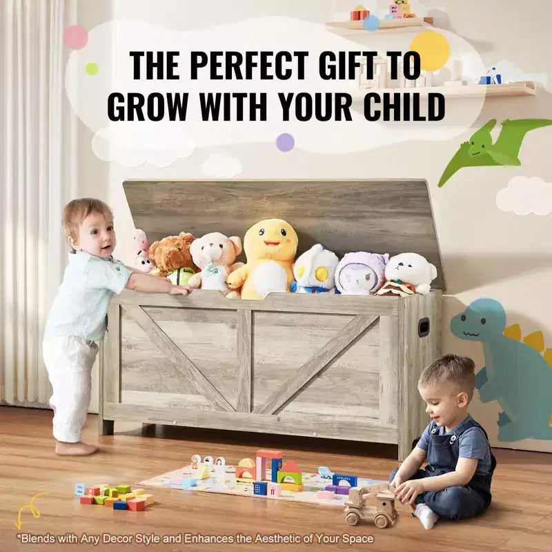 VEVOR Baúl de Juguetes de Madera para Niños, Caja de Almacenamiento de Juguetes para Niños Pequeños con Tapa Abatible y Bisagra de Seguridad, Banco Grande de Almacenamiento para Niños de 38.98 x 15.55 x 18.9, Gris