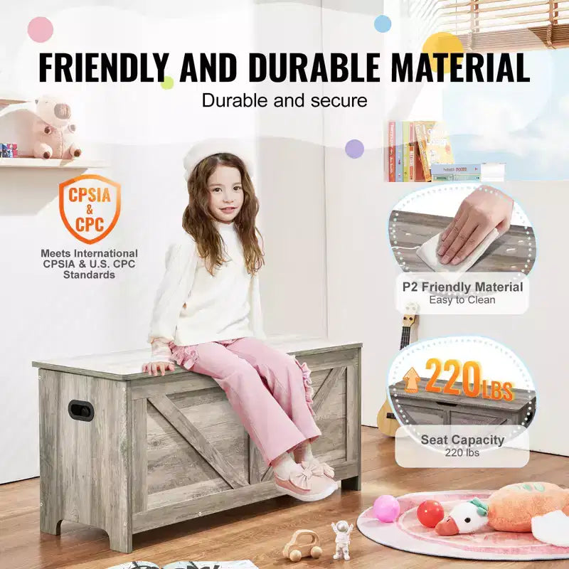 VEVOR Baúl de Juguetes de Madera para Niños, Caja de Almacenamiento de Juguetes para Niños Pequeños con Tapa Abatible y Bisagra de Seguridad, Banco Grande de Almacenamiento para Niños de 38.98 x 15.55 x 18.9, Gris