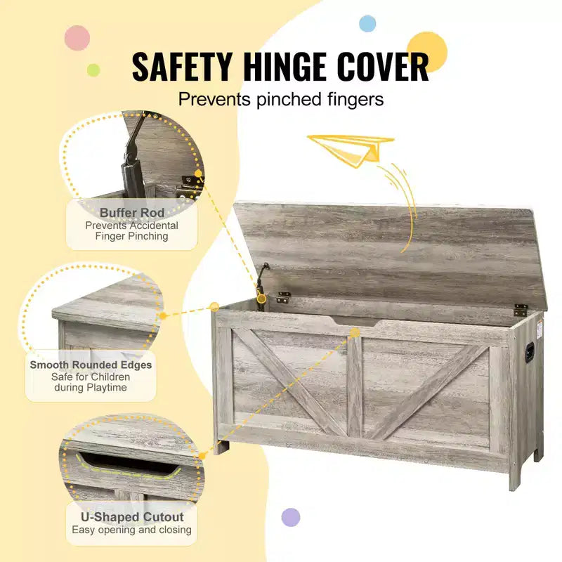 VEVOR Baúl de Juguetes de Madera para Niños, Caja de Almacenamiento de Juguetes para Niños Pequeños con Tapa Abatible y Bisagra de Seguridad, Banco Grande de Almacenamiento para Niños de 38.98 x 15.55 x 18.9, Gris