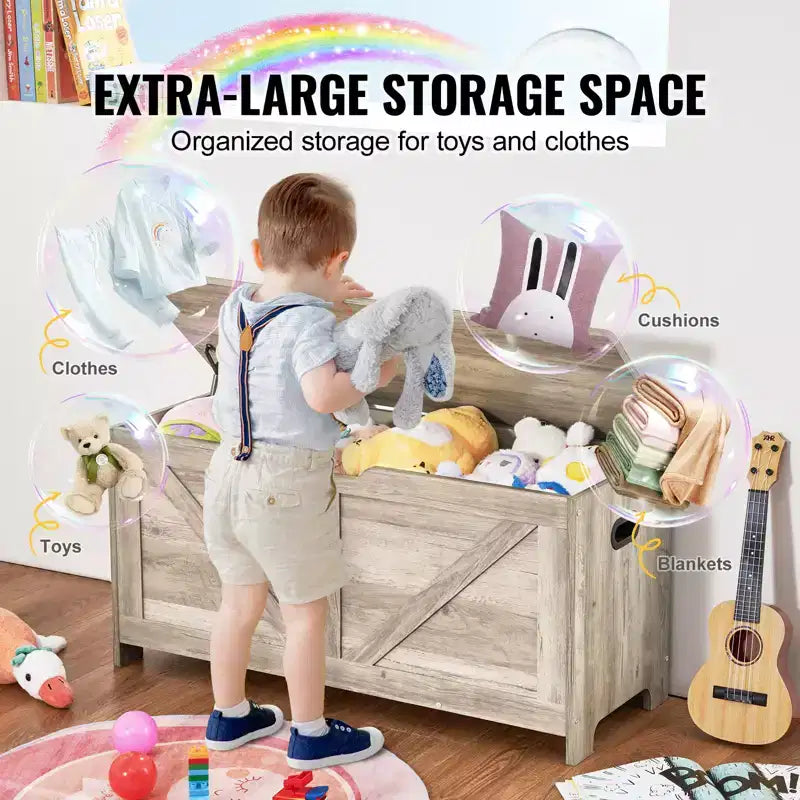 VEVOR Baúl de Juguetes de Madera para Niños, Caja de Almacenamiento de Juguetes para Niños Pequeños con Tapa Abatible y Bisagra de Seguridad, Banco Grande de Almacenamiento para Niños de 38.98 x 15.55 x 18.9, Gris
