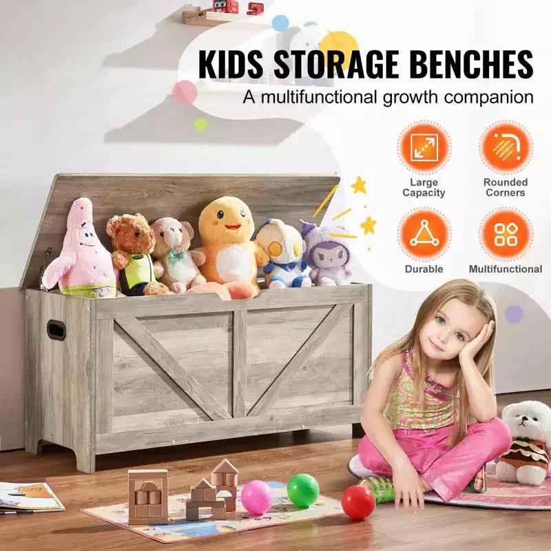 VEVOR Baúl de Juguetes de Madera para Niños, Caja de Almacenamiento de Juguetes para Niños Pequeños con Tapa Abatible y Bisagra de Seguridad, Banco Grande de Almacenamiento para Niños de 38.98 x 15.55 x 18.9, Gris