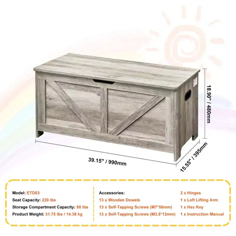 VEVOR Baúl de Juguetes de Madera para Niños, Caja de Almacenamiento de Juguetes para Niños Pequeños con Tapa Abatible y Bisagra de Seguridad, Banco Grande de Almacenamiento para Niños de 38.98 x 15.55 x 18.9, Gris