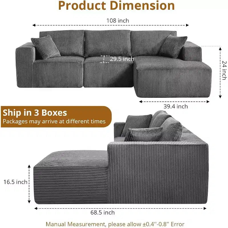 Sofá seccional modular gris en forma de L, 3 plazas, tela de pana