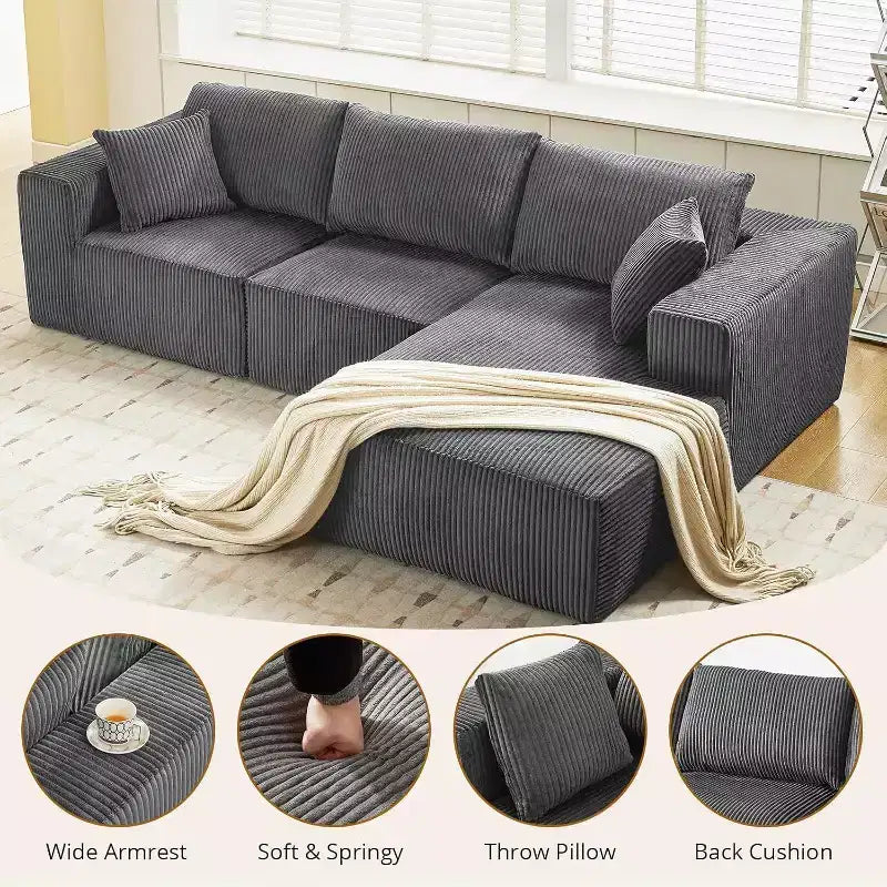 Sofá seccional modular gris en forma de L, 3 plazas, tela de pana