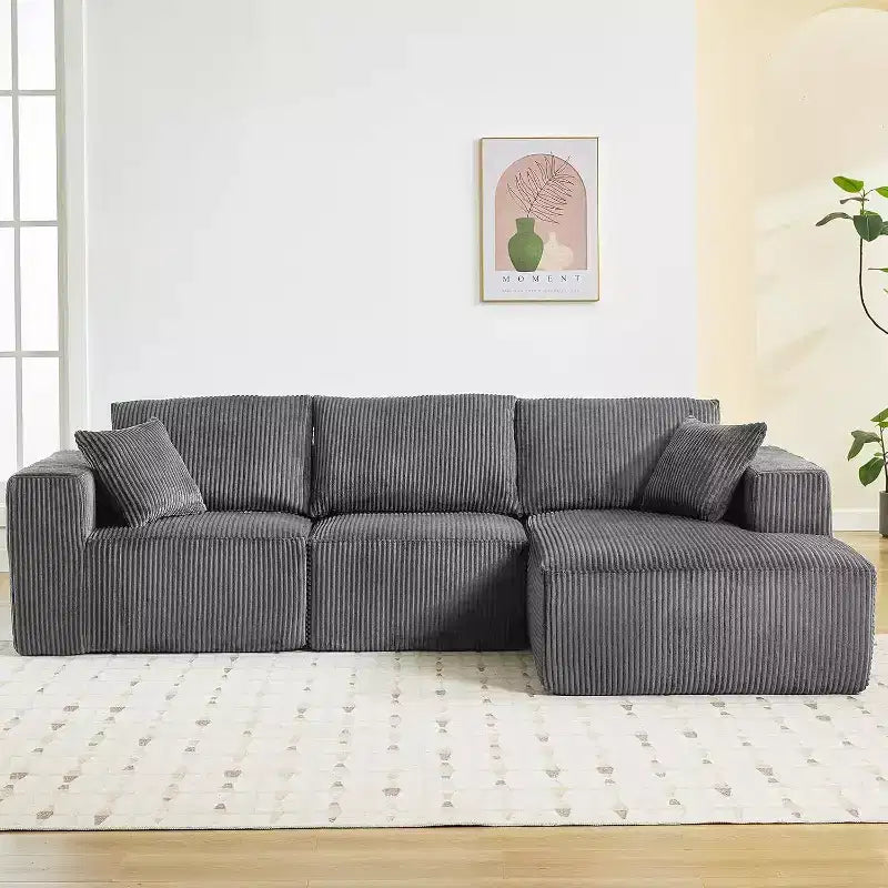 Sofá seccional modular gris en forma de L, 3 plazas, tela de pana