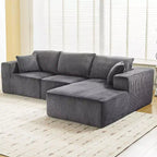 Sofá seccional modular gris en forma de L, 3 plazas, tela de pana