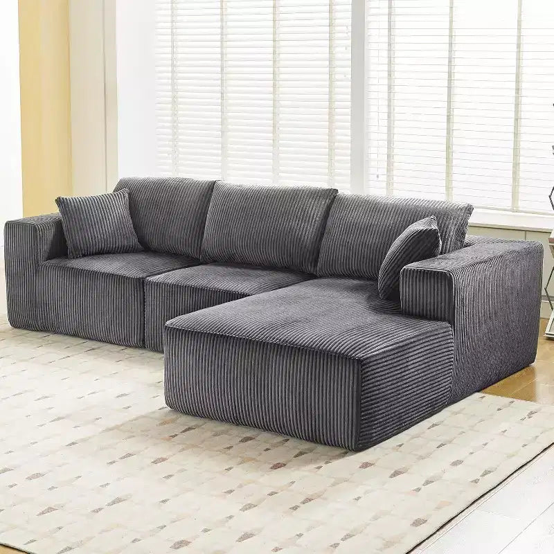 Sofá seccional modular gris en forma de L, 3 plazas, tela de pana