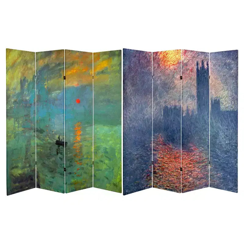 Monet Fine Art Double Sided Room Divider Impression Sunrise and Houses of Parliament - Oriental Furniture: Foldable Canvas Screen