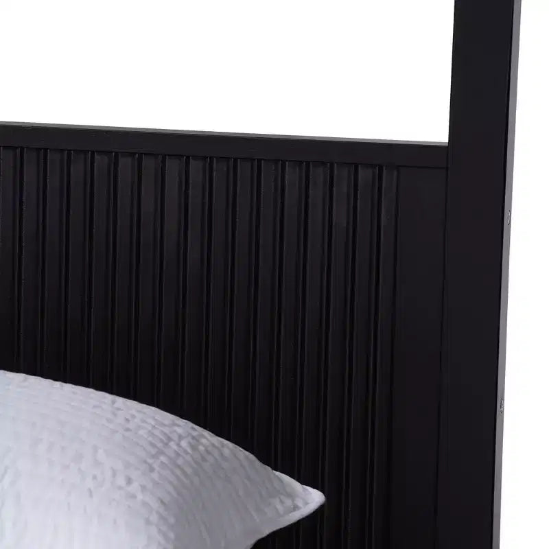 Cama con dosel King Size negra de mediados de siglo — Madera estriada, 2 personas