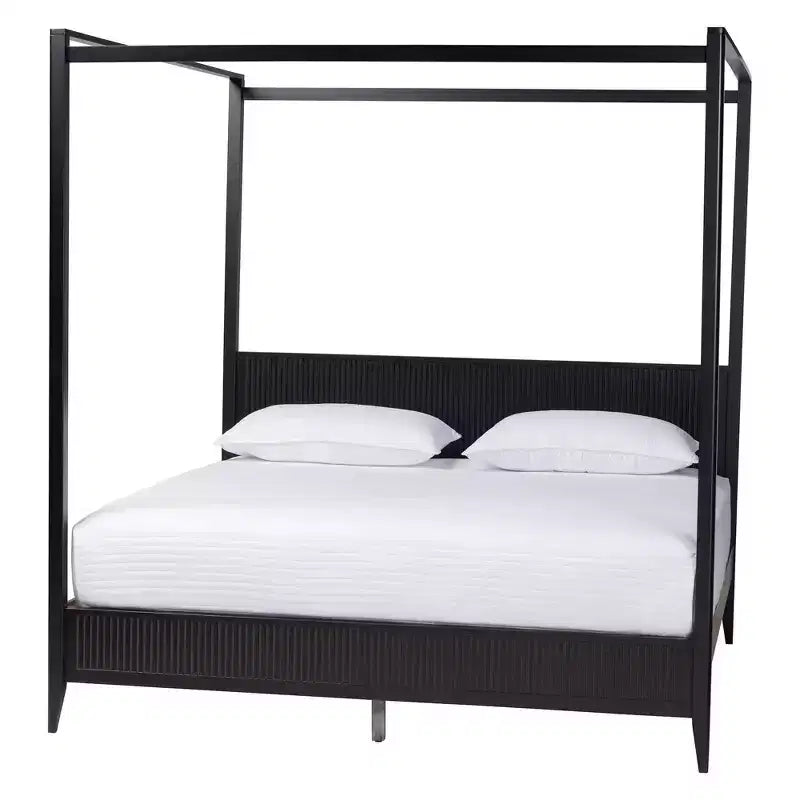 Cama con dosel King Size negra de mediados de siglo — Madera estriada, 2 personas