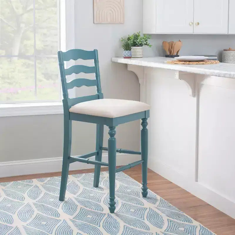 Taburete de bar tapizado con respaldo de escalera en beige, 1 asiento