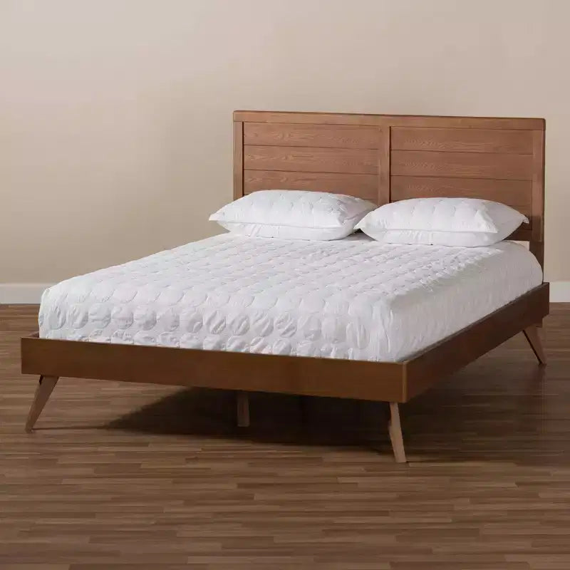 Cama de plataforma de madera con acabado nogal – Matrimonial/Queen, mediados de siglo moderna, 1 persona