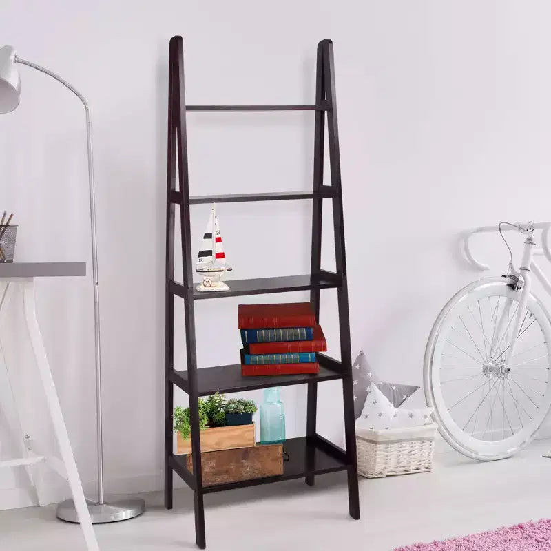 Estantería de escalera de 5 estantes, espresso/marrón cálido/blanco, 1 persona