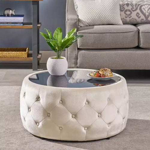 Mesa de centro otomana redonda tapizada – Beige / Humo – Para 2 personas