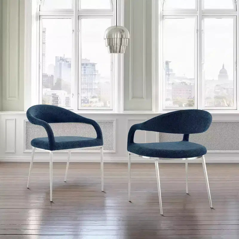 Armen Living Set of 2 Morgan Upholstered Brushed Stainless Steel and Fabric Dining Chairs